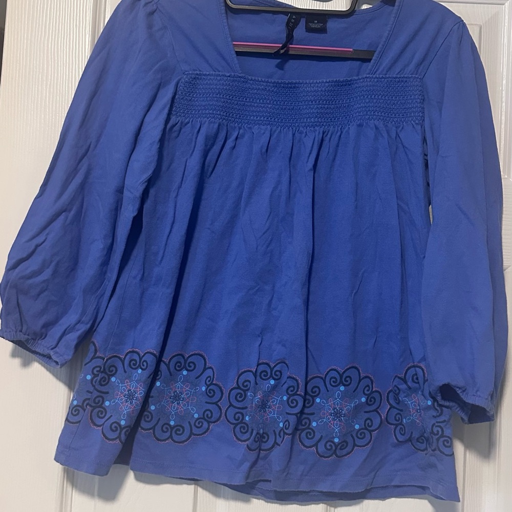 Ashley Judd Slate Blue Smocked Top